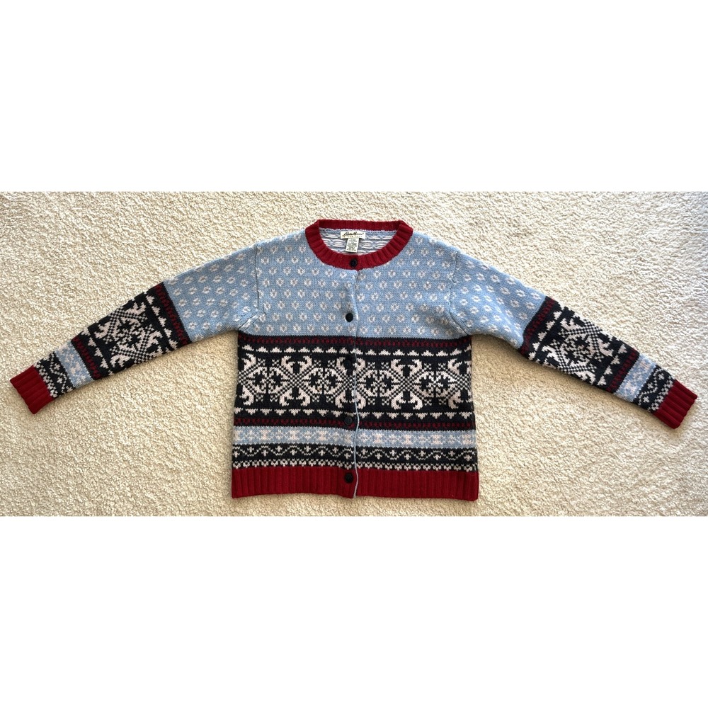 Vintage 1980s Eddie Bauer Wool Cardigan Sweater Women M Nordic Red Blue